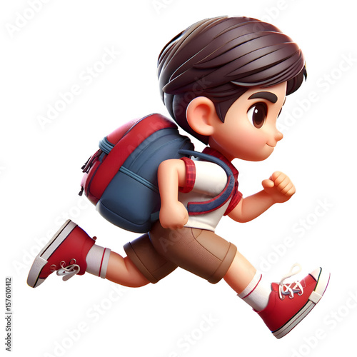 Schoolboy running with a backpack, transparent background