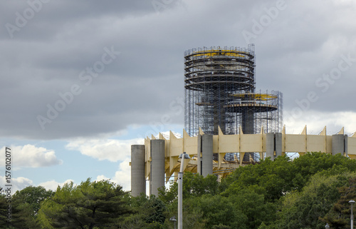 view of world's fair site in flushing meadows corona park in queens (60's parachute jump pavilion) abandoned industrial infrastructure ufo