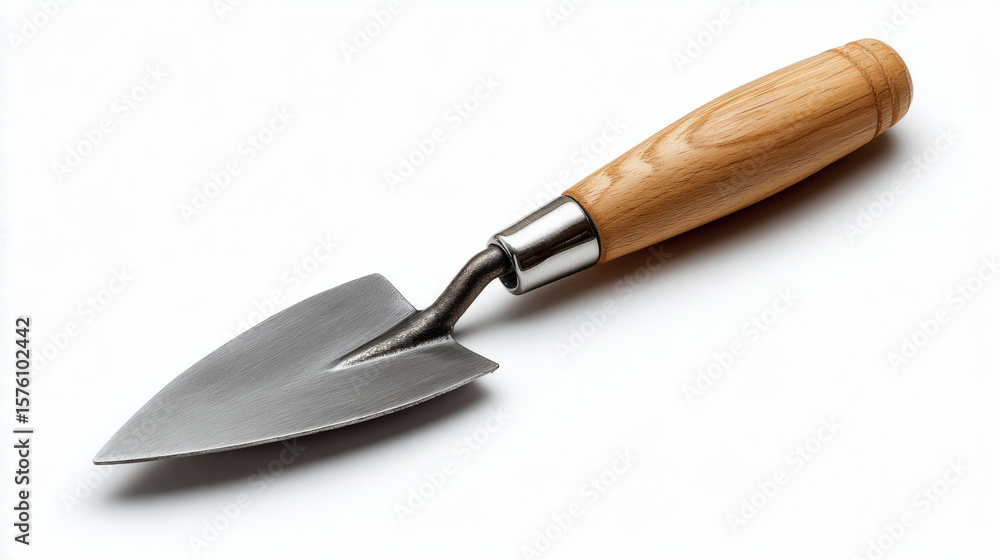Fototapeta premium A trowel with a wooden handle is ready for gardening tasks on a white background.