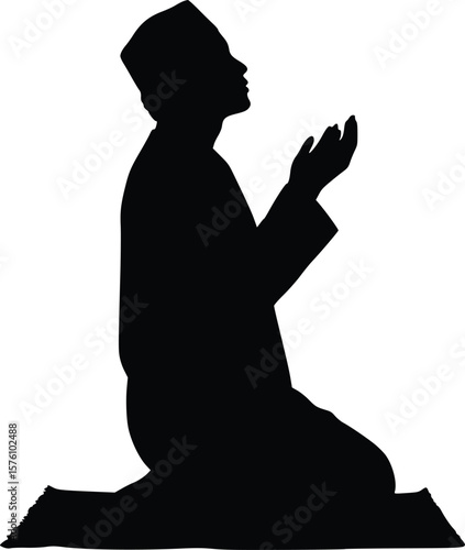 Silhouette of a Muslim individual kneeling in prayer with hands raised, expressing devotion and humility