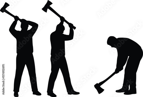 Silhouette of laborers working with axes and shovel, highlighting physical effort and outdoor construction tasks