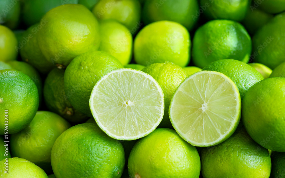 Natural fresh lime cut in half with many whole lime fruits , food background texture. Natural fresh lime cut in half with many whole lime fruits , food background texture.