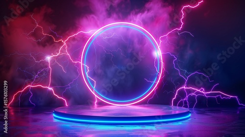 Futuristic neon circle portal on a glowing stage, surrounded by purple and pink electric lightning.