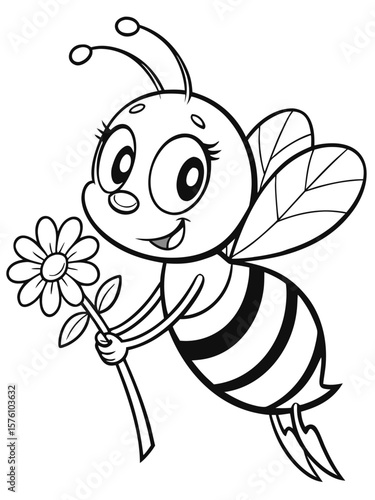 A cheerful cartoon bee flying and holding a flower. Simple, sweet black-and-white outline, ideal for spring coloring pages