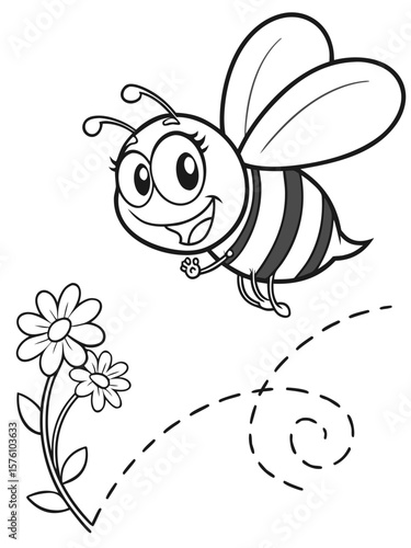 A cheerful cartoon bee flying and holding a flower. Simple, sweet black-and-white outline, ideal for spring coloring pages