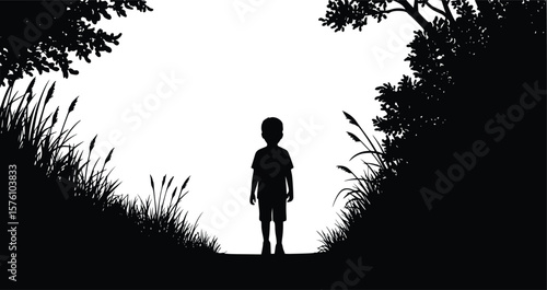 Silhouette of a child standing alone on a natural path framed by tall grass and tree with serene mood