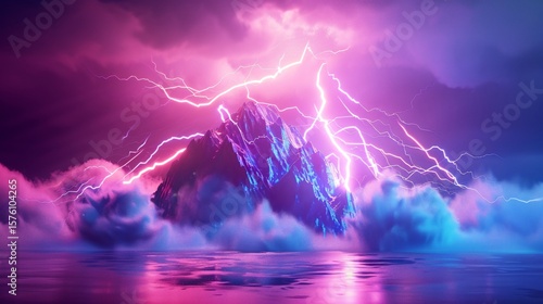 A powerful lightning bolt strikes a futuristic round platform, glowing with blue and pink neon lights.