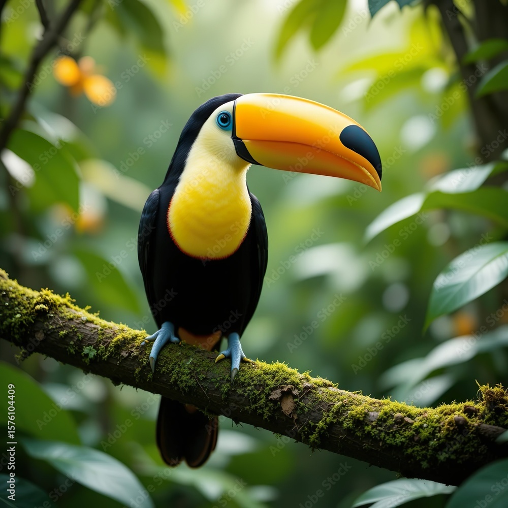 Fototapeta premium Vibrant Toucan in Lush Rainforest: A Close-Up of an Exotic Bird with a Large Yellow Beak and Vivid Plumage Perched on a Mossy Branch
