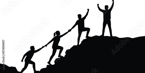 Silhouette of people supporting each other while climbing a steep hill, symbolizing success and unity