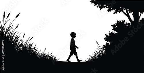 Silhouette of a little boy walking outdoors with grass, tree and horizon in a calm, contemplative atmosphere