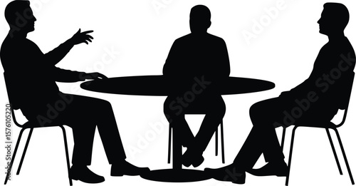 Silhouette showing three individuals seated around a table in collaborative and communicative interaction
