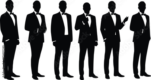 Silhouettes of six formally dressed individuals standing side by side, representing unity and professionalism