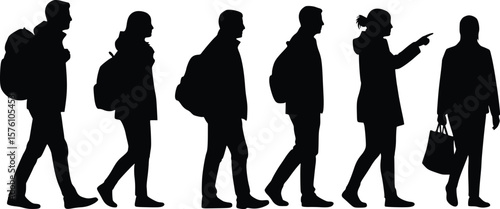 Silhouette of six people walking in same direction, showing diversity in roles and daily life
