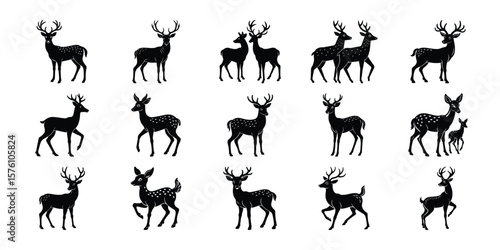 Collection of Deer Silhouettes in Various Poses on a White Background