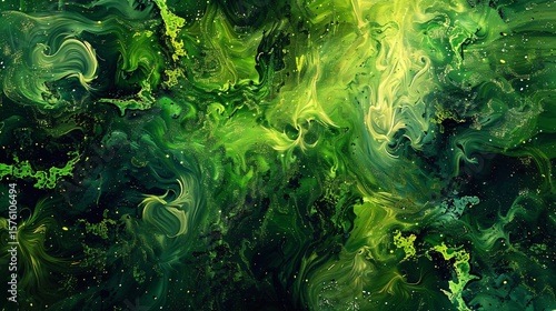 Green abstract painting with fluid swirls, gold highlights, and organic textures. Vibrant and dynamic.