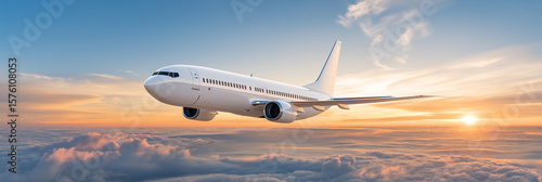 Commercial airplane flying above thick layer of white clouds during golden hour sunset. Dramatic sky with warm orange sun and blue gradient, peaceful aviation scene, wide panoramic,view.