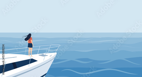 Person standing on yacht deck at sea, flat vector in calm blue tones