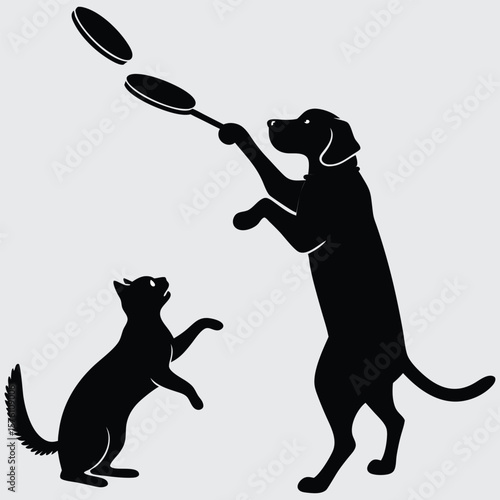 Cat and dog slapping each other with frying pans image silhouette design vector art and illustration