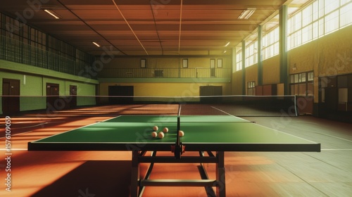 Illuminated indoor ping pong setup with balls ready for an exciting game