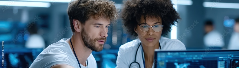 Naklejka premium Two medical professionals analyze data on a computer screen in a modern clinical setting.