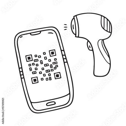 A phone screen with a QR code near a scanner tool