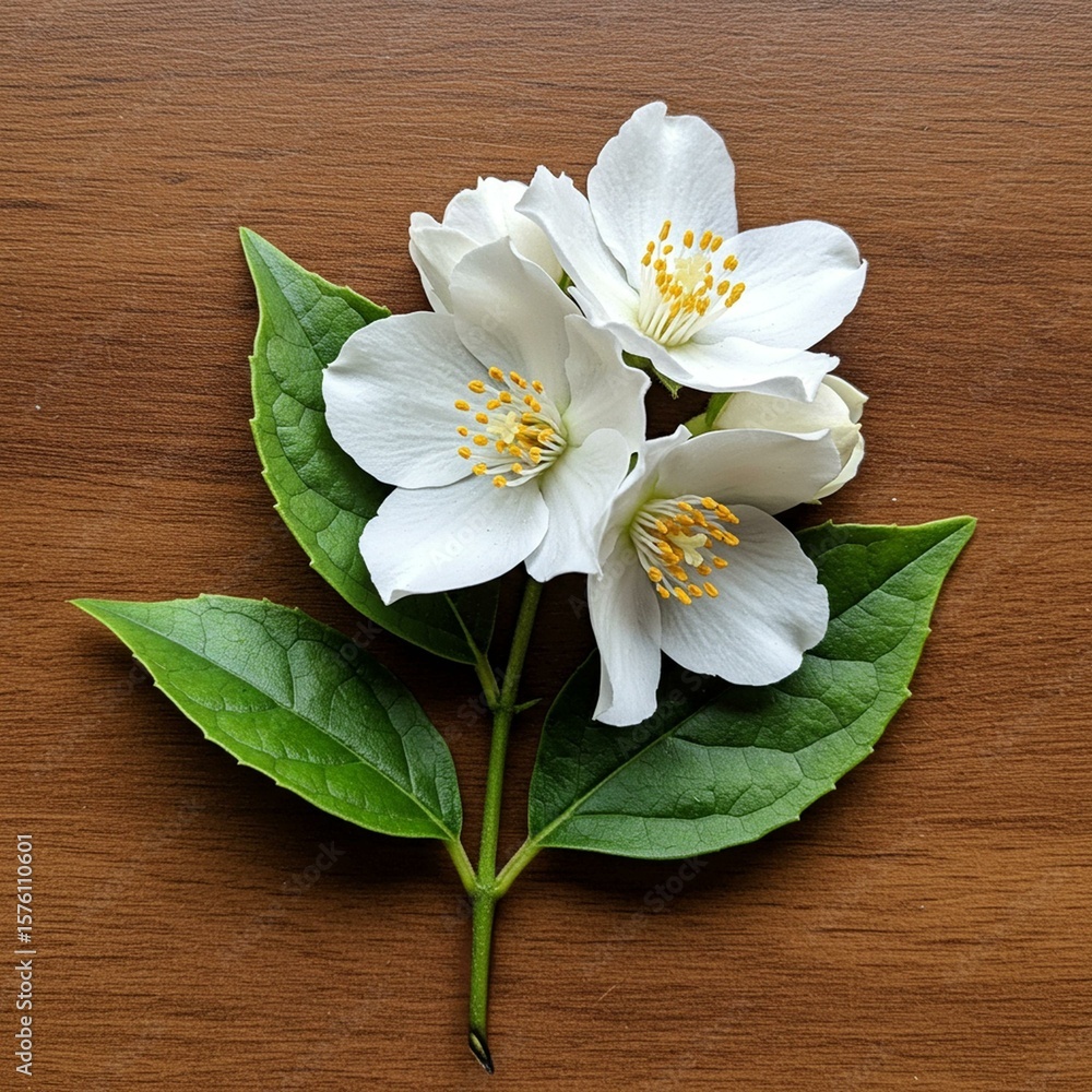 Delicate white jasmine flowers with green leaves arranged on a textured wooden background Delicate white jasmine flowers with green leaves arranged on a textured wooden background
