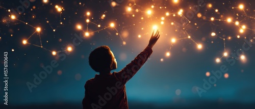 A child reaches out towards glowing, connected lights resembling constellations in a dark, starry night sky.