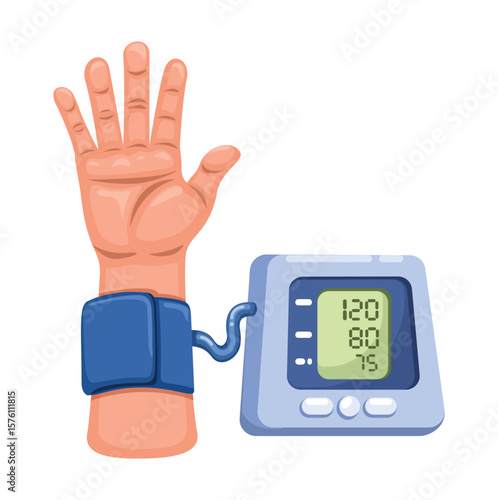 Human Hand With Blood Pressure Measuring Device Cartoon Illustration Vector