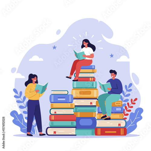Illustration young man and young woman reading a book, flat design vector
