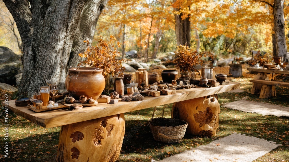 Fototapeta premium Rustic autumnal outdoor buffet table laden with food and decor