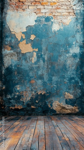 Distressed Wall with Blue Paint and Wood Floor Adds Rustic Charm