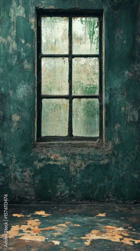 Old Window in a Room with Peeling Dark Green Walls and Textured Floor