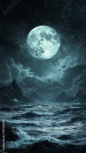Ocean Waves Under Moonlight Fantasy Landscape at Night