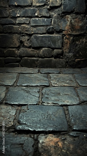 Stone Pavement and Brick Wall Texture Dark Alley Background