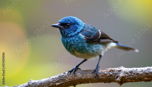 a close up of a blue dacnis with intricate, vibrant feathers