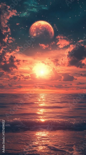 Ocean Sunset with Bright Sun and Moon Glowing in the Sky