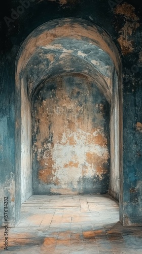 Arched Alcove with Distressed Walls and Stone Flooring