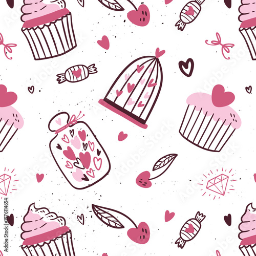 black white pink cute lovely cartoon birdcage with hearts seamless vector pattern background illustration
