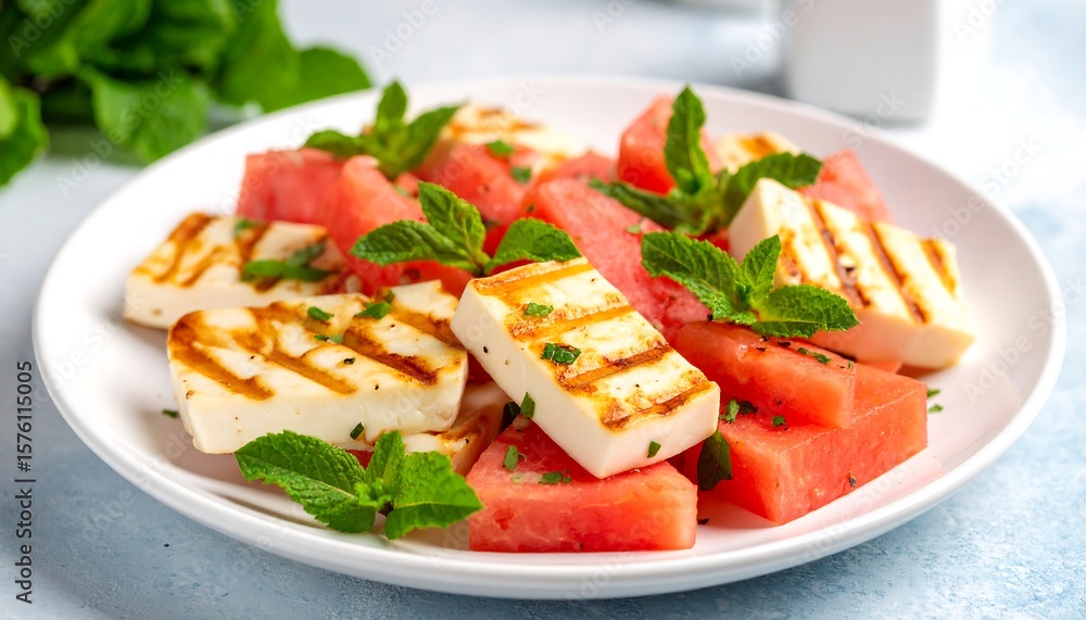 Grilled cheese cubes & watermelon salad Grilled cheese cubes & watermelon salad