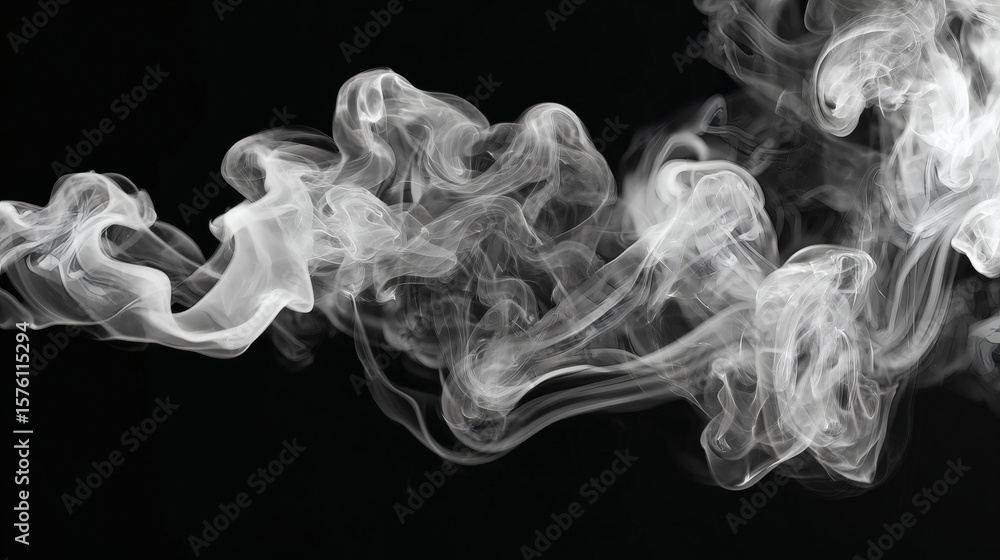 Fototapeta premium Elegant swirling white smoke against a deep black background creates a mysterious, artistic effect.