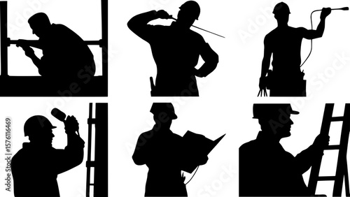 "A curated grid of black silhouettes showing specialized roles on a construction site: site supervisor with clipboard, electrician wiring, plumber with pipe wrench, and heavy equipment operator. Waist