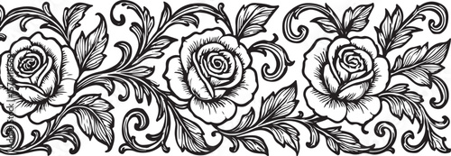 Elegant black and white floral border design featuring detailed roses and swirling acanthus leaves in a classic ornamental pattern