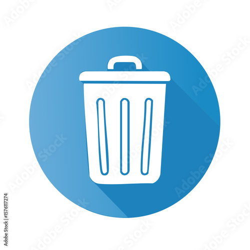 White trash can icon on blue circle with shadow indicating waste removal, deletion or garbage disposal symbol