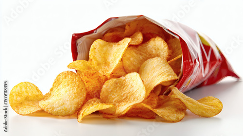 Close-up of a spilled bag of golden, crispy potato chips on a white surface.