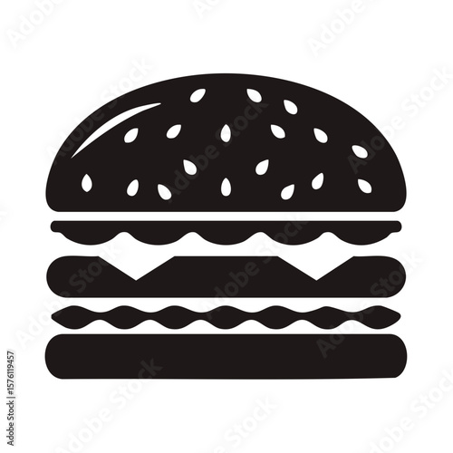 Burger silhouette vector icon features sesame seed bun, patty, cheese and lettuce layers for menus and fast food