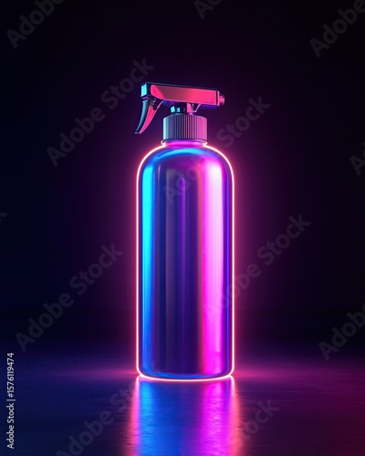 Canister spray substance A vibrant spray bottle with neon lighting, showcasing modern design aesthetics and colorful reflections.