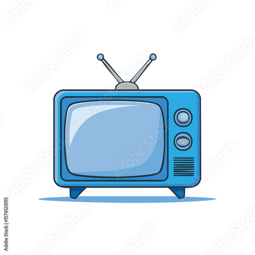 Isolated blue vintage television set icon design with antennas and knobs retro tv