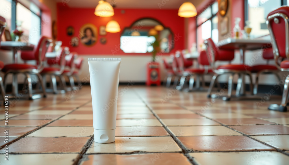 Obraz premium realistic image of a product placed on rough tile floor in a retro diner