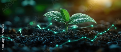 A young plant sprouts from the soil, illuminated by digital growth lines.