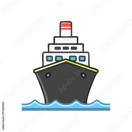 Cartoon Cruise Ship Floating on Blue Water: Iconographic Voyage and Nautical Adventures